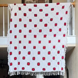 Handmade Vtg Crochet Twin Blanket Granny Square Red Rose Tassel Fringe Cottage